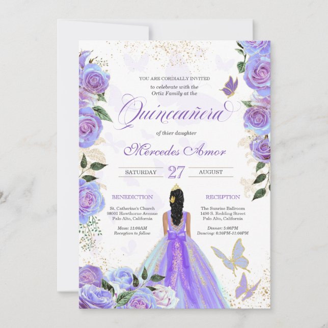 Convite Borboletas Roxas Iridescentes Mariposa Quinceanera (Frente)