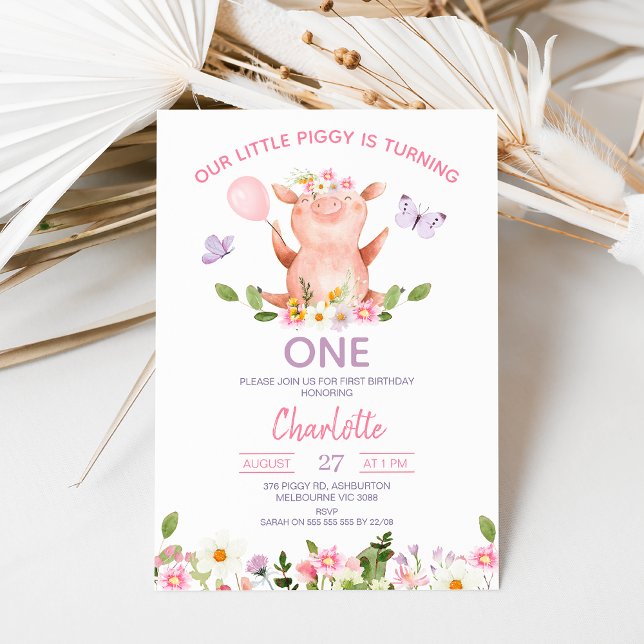 Convite Borboletas Roxas Nosso Pequeno primeiro aniversari (Editable Pig Birthday Invitation, Little Piggy Birthday Invite, Floral Pig Birthday, Wildflowers)