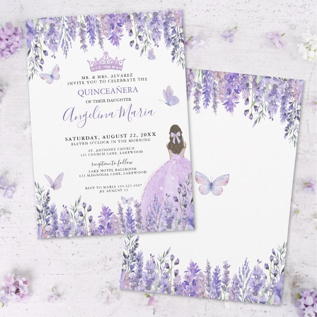 Convite Borboletas Roxas Quinceañera Floral (Purple Lilac Butterflies Tiara Floral Quinceañera Invitation)