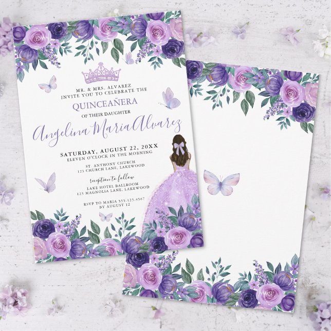 Convite Borboletas Roxas Quinceañera Floral (Purple Butterflies Floral Quinceañera Invitation)