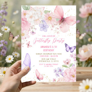 Convite Borboletas Roxas Rosa Aguarela Aniversário de 5 an