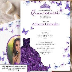 Convite Borboletas Roxas Vestido Foto 15 XV Quinceanera