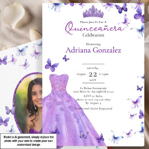 Convite Borboletas Roxas Vestido Foto 15 XV Quinceanera