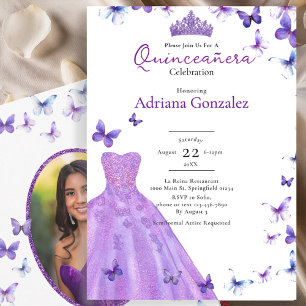 Convite Borboletas Roxas Vestido Foto 15 XV Quinceanera