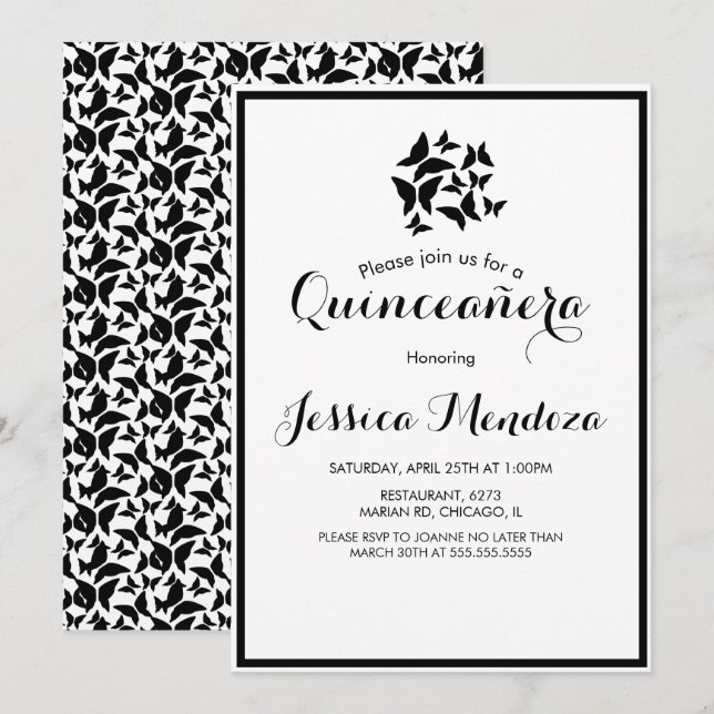 Convite Borboletas Simples Preto Branco Quince Sweet 16  (Frente/Verso)