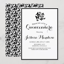 Convite Borboletas Simples Preto Branco Quince Sweet 16