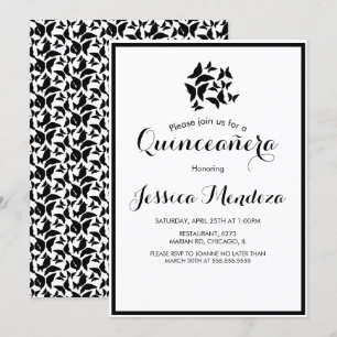 Convite Borboletas Simples Preto Branco Quince Sweet 16 