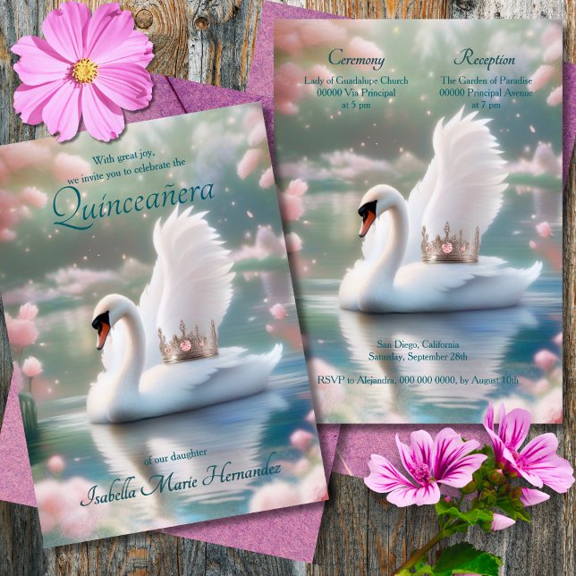 Convite Borboletas Swan Elegantes Rosa Tiara Quinceañera (Criador carregado)