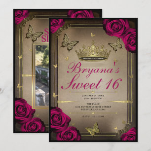 Convite Borboletas Tiara Dourada Rosas Magenta Doze Anos