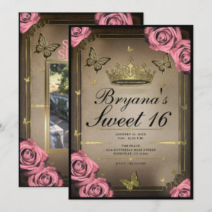 Convite Borboletas Tiara Dourada Rosas Rosas Doce 16 Foto
