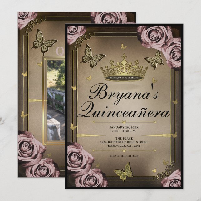 Convite Borboletas Tiara Rosas Rosa Claro Quinceañera (Frente/Verso)