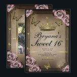 Convite Borboletas Tiara Rosas Rosa Pálido Doce 16 Foto<br><div class="desc">Personalize da maneira que você quiser.

Substitua a foto na parte de trás pela sua própria foto ou remova a foto completamente.</div>