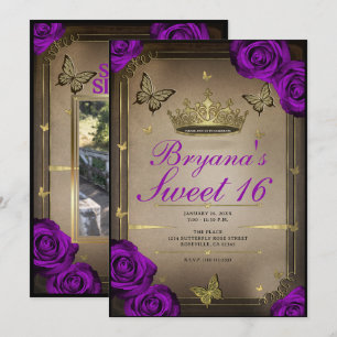 Convite Borboletas Tiara Rosas Roxas Brilhantes 16 Anivers