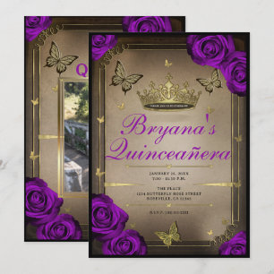 Convite Borboletas Tiara Rosas Roxas Brilhantes Quinceañer