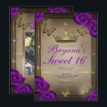 Convite Borboletas Tiara Rosas Roxas Brilhantes Sweet 16<br><div class="desc">Personalize da maneira que você quiser.

Substitua a foto na parte de trás pela sua própria foto ou remova a foto completamente.</div>