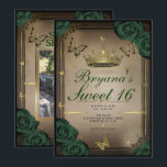 Convite Borboletas Tiara Rosas Verde Esmeralda Sweet 16<br><div class="desc">Personalize da maneira que quiser.

Substitua a foto na parte de trás pela sua própria foto ou remova a foto completamente.</div>