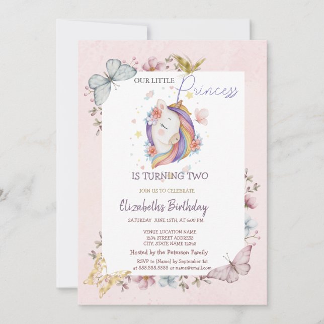 Convite Borboletas Unicórnio Princesa Rosa Aniversário   (Frente)