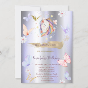 Convite Borboletas Unicórnio Violeta Metálico Aniversário