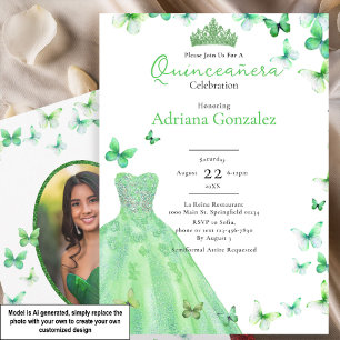 Convite Borboletas Verdes Vestido Tiara Foto Quinceanera