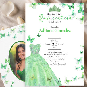 Convite Borboletas Verdes Vestido Tiara Foto Quinceanera