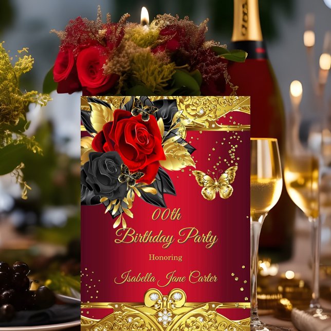 Convite Borboletas Vermelhas Rosa Festa de aniversário Flo (Criador carregado)