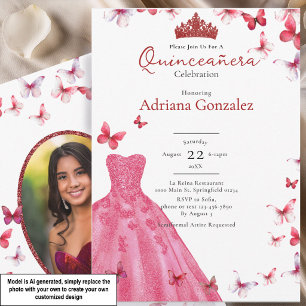 Convite Borboletas Vermelhas Vestido Foto 15 XV Quinceaner