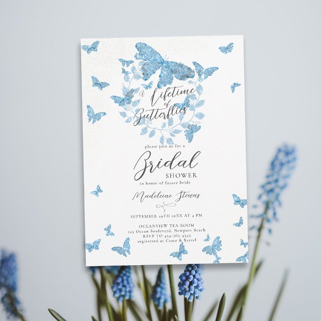 Convite Borboletas vitalícias algo Chá de panela azul (a lifetime of butterflies something blue eucalyptus botanical bridal shower invitation garden party )
