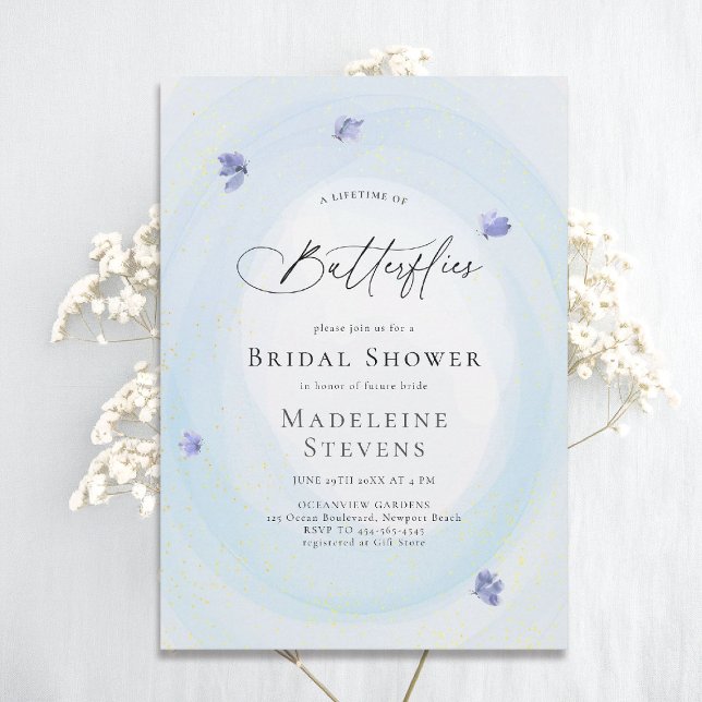 Convite Borboletas vitalícias algo Chá de panela azul (lifetime of butterflies theme bridal shower invitation whimsical watercolor romantic something blue)