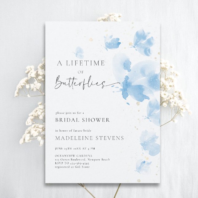 Convite Borboletas vitalícias Chá de panela azul romântico (butterflies theme bridal shower invitation whimsical watercolor romantic dreamy something blue)
