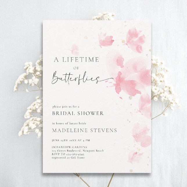 Convite Borboletas vitalícias Chá de panela romeno de pinc (butterflies theme bridal shower invitation whimsical watercolor romantic dreamy pink blush)