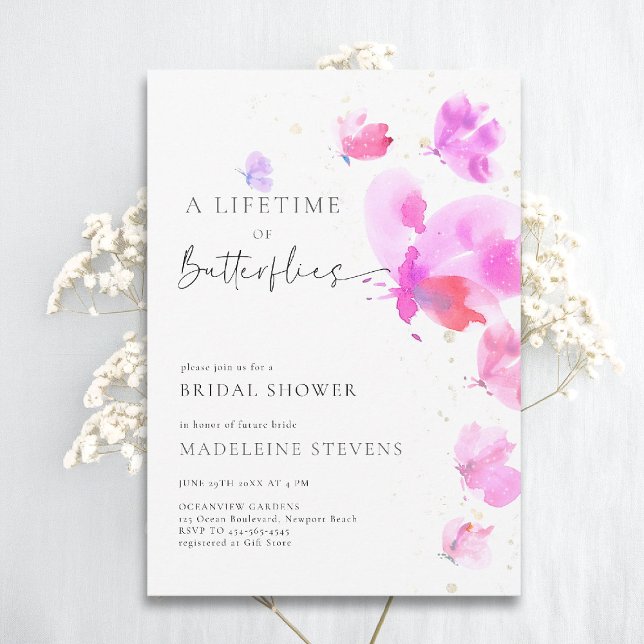 Convite Borboletas vitalícias negros Chá de panela românti (butterflies theme bridal shower invitation whimsical watercolor romantic bold pink purple red)