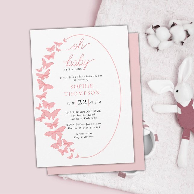 Convite Borboletas Whimsso Boho Chic Chá de fraldas (butterfly baby girl shower invitation boho chic romantic coral pink whimsical elegant classy chic)