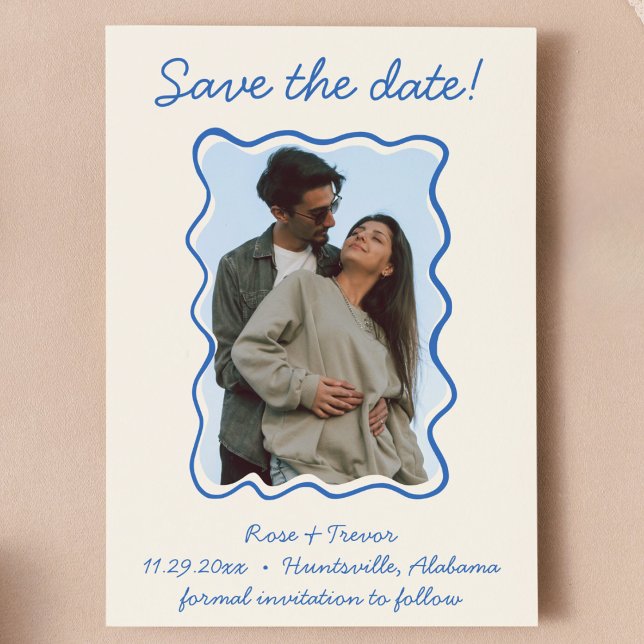 Convite Borda Azul Desenhada à Mão Onda Salve a Foto da Da (blue and cream quirky whimsical hand drawn wavy border save the date with QR code on back modern)