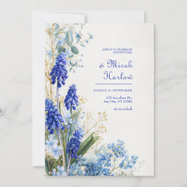 Convite Borda Botânica de Aquarela Azul Cobalto Muscari