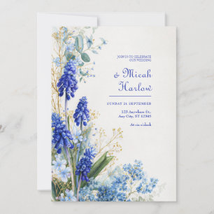 Convite Borda Botânica de Aquarela Azul Cobalto Muscari