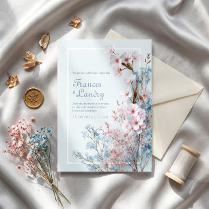 Convite Borda Botânica Romântica de Sakura Azul Pastel