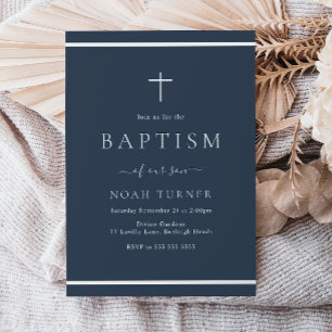 Convite Borda Branca do Batismo Azul do Marinho Moderno
