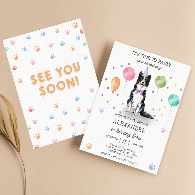 Convite Borda Collie Pawty Dog Puppy Birthday Blue (Criador carregado)