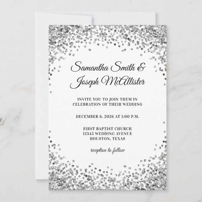 Convite Borda de Brilho Prateado Casamento Branco (Frente)