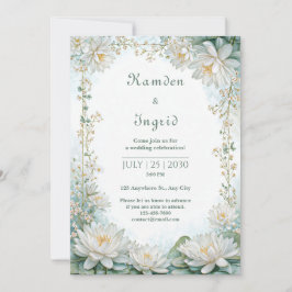 Convite Borda de Casamento de Nenúfar Branco Azul-acinzent