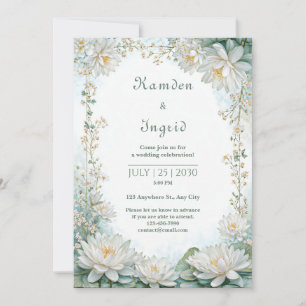 Convite Borda de Casamento de Nenúfar Branco Azul-acinzent