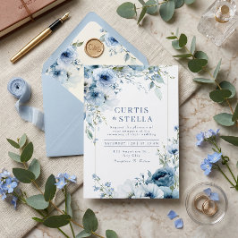 Convite Borda de Casamento Rosa Azul Aguarela Índigo Profu