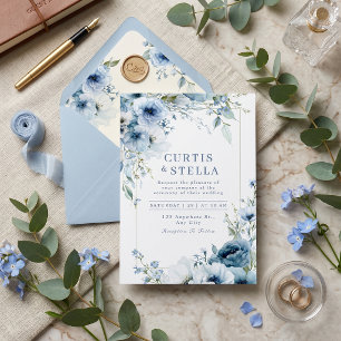 Convite Borda de Casamento Rosa Azul Aguarela Índigo Profu