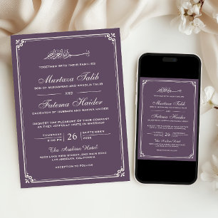 Convite Borda de Creme Roxo Púrpura Musulmana Casamento