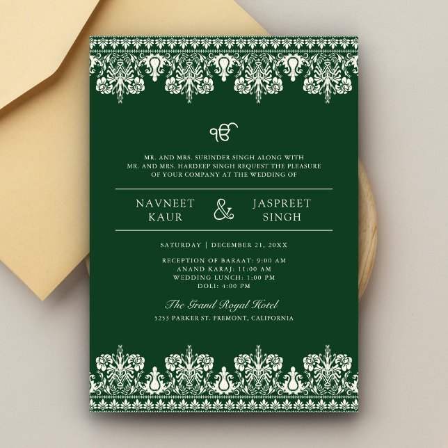 Convite Borda de Damasco Verde Marfim Anand Karaj Casament (Criador carregado)