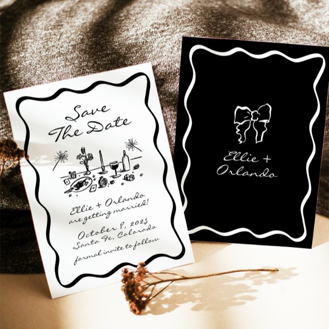 Convite Borda de Fita Desenhada à Mão Branca Salvar Data (Criador carregado)