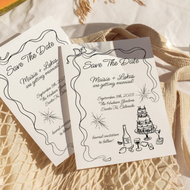 Convite Borda de Fita Desenhada à Mão Branca Salvar Data (Criador carregado)