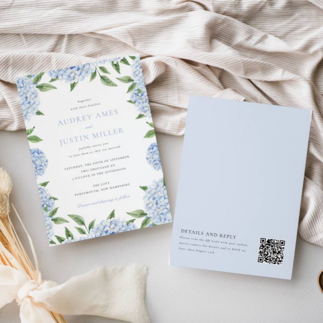 Convite Borda de Hydrangea Azul, Código QR no verso, Casam (Criador carregado)