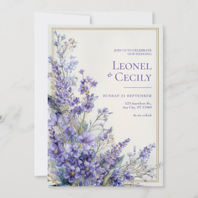 Convite Borda de Verde com Lavanda em Aquarela Roxa Suave (Frente)