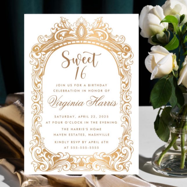 Convite Borda Dourada clássica Doce Dezesseis e Dezesseis  (Criador carregado)